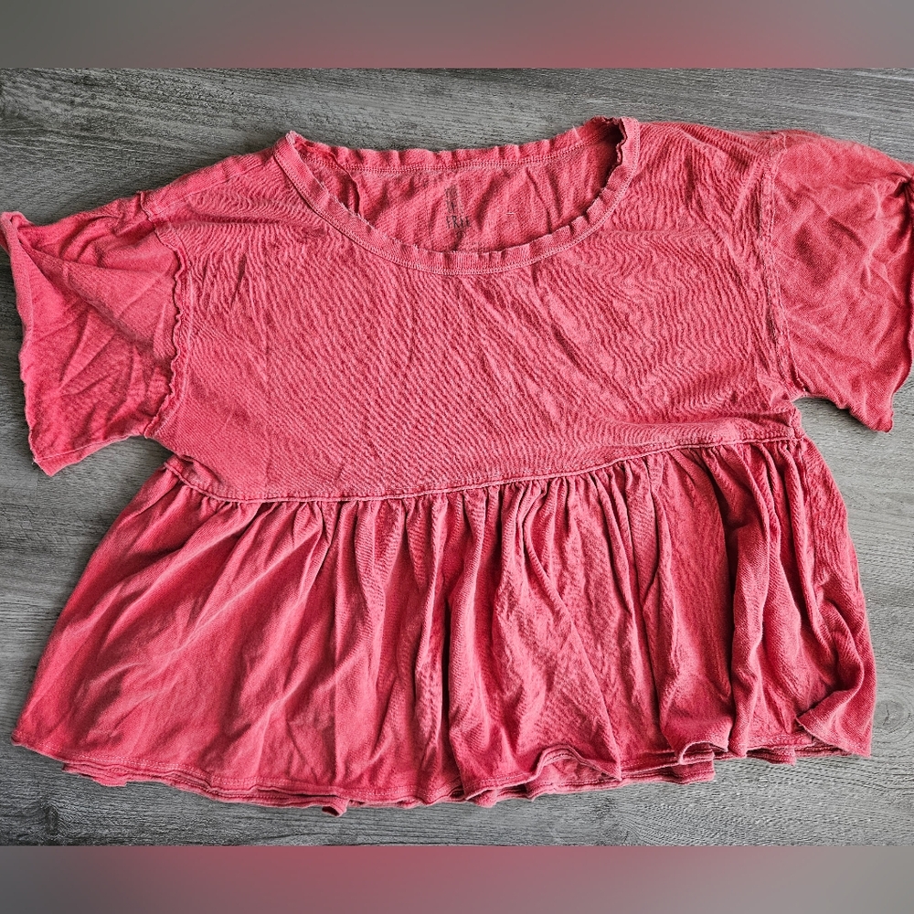 Free People We The Free Odyssey Burnt Red Peplum Short Sleeve Blouse Size Small